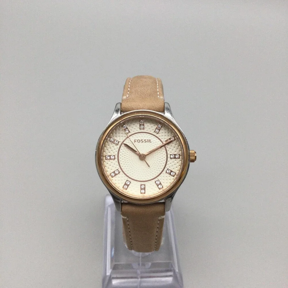 Fossil Womens Watch 30mm Cream Dial Beige Leather Crystals BQ1576 New Battery